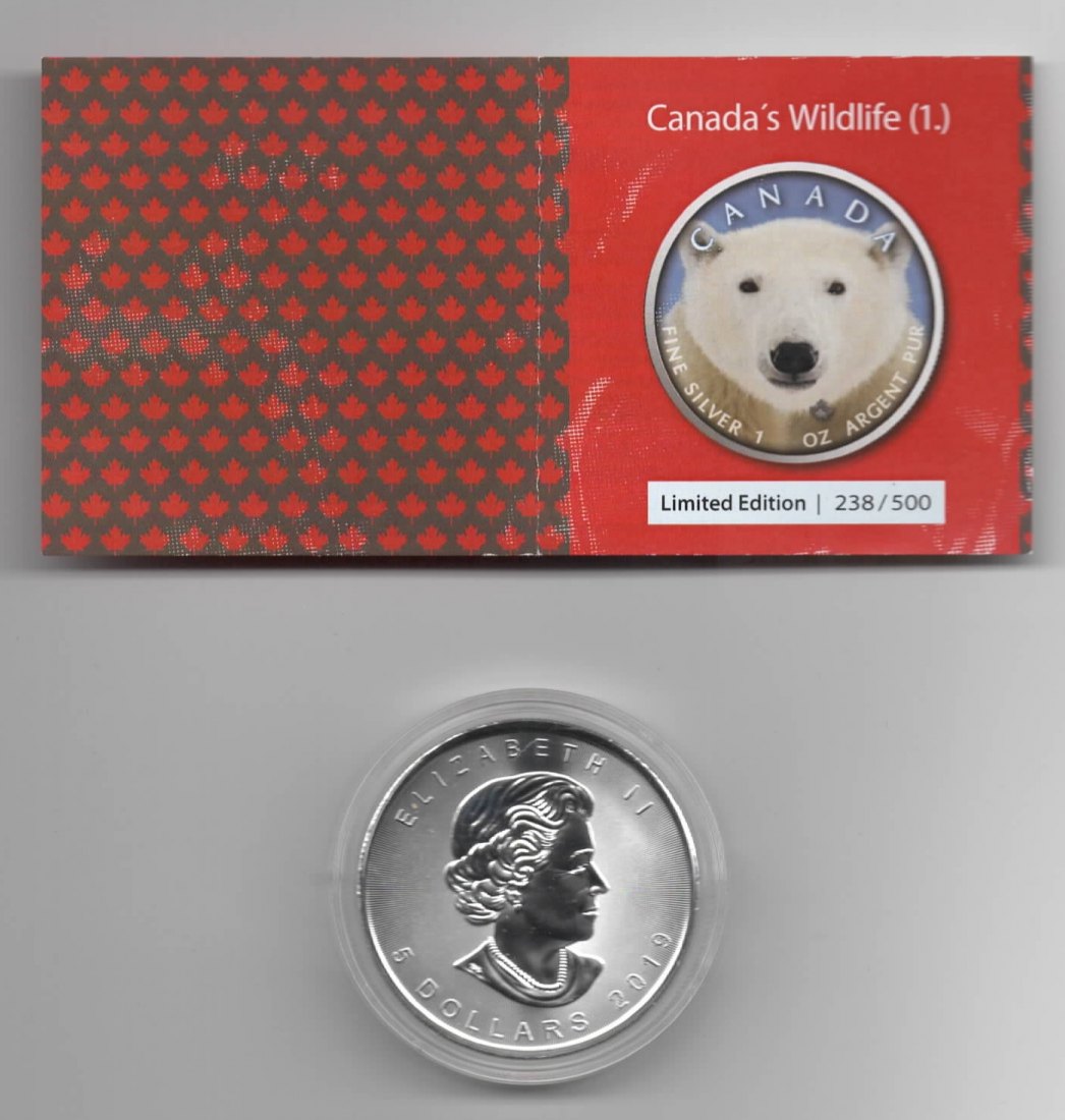  Maple Leaf, Canadas Wildlife, 2019, Polar Bear, Farbe, 500 Stück, Zertifikat, 1 unze oz Silber   