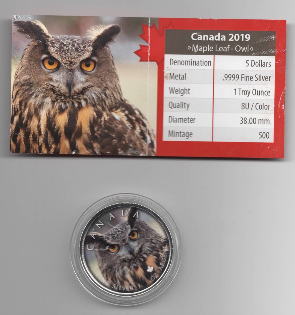  Maple Leaf, Canadas Wildlife, 2019, Owl, Farbe, 500 Stück, Zertifikat, 1 unze oz Silber   