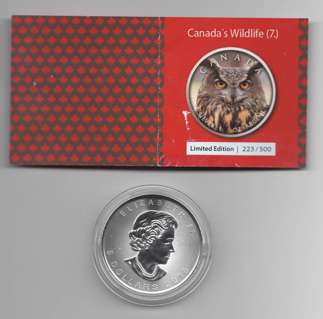  Maple Leaf, Canadas Wildlife, 2019, Owl, Farbe, 500 Stück, Zertifikat, 1 unze oz Silber   