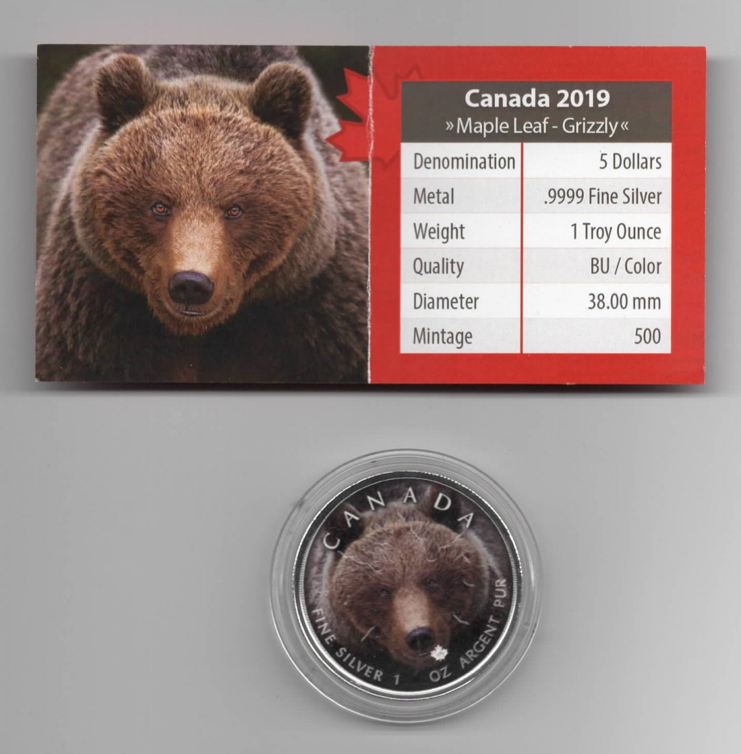  Maple Leaf, Canadas Wildlife, 2019, Grizzly, Farbe, 500 Stück, Zertifikat, 1 unze oz Silber   