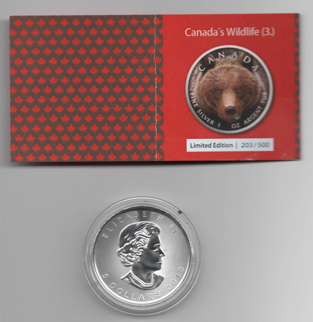  Maple Leaf, Canadas Wildlife, 2019, Grizzly, Farbe, 500 Stück, Zertifikat, 1 unze oz Silber   