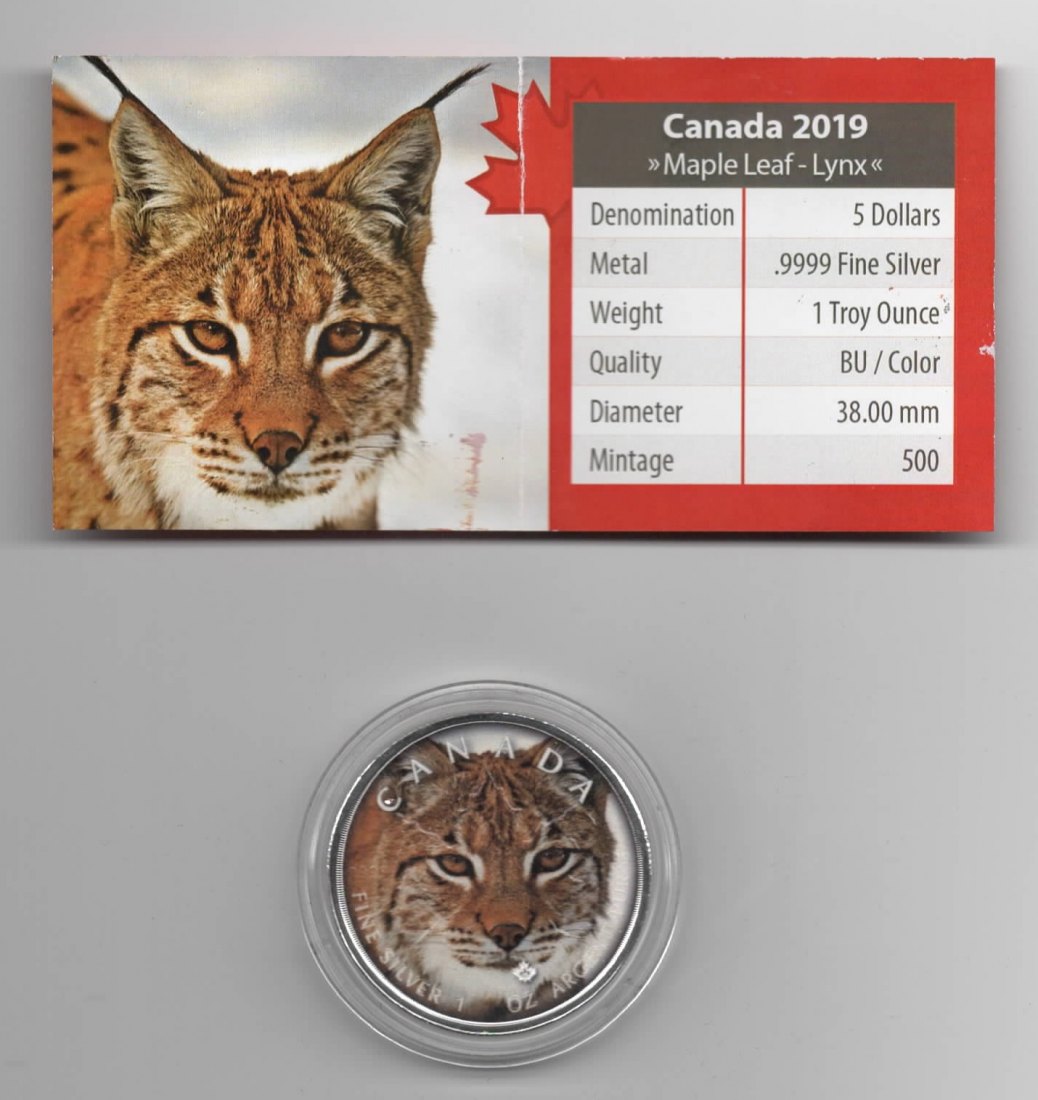  Maple Leaf, Canadas Wildlife, 2019, Lynx, Farbe, 500 Stück, Zertifikat, 1 unze oz Silber   