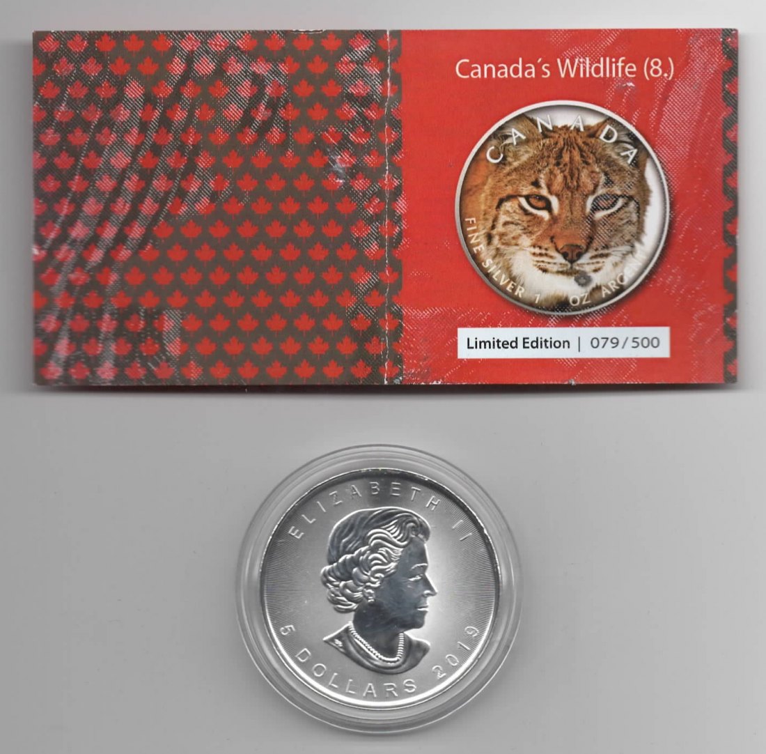  Maple Leaf, Canadas Wildlife, 2019, Lynx, Farbe, 500 Stück, Zertifikat, 1 unze oz Silber   