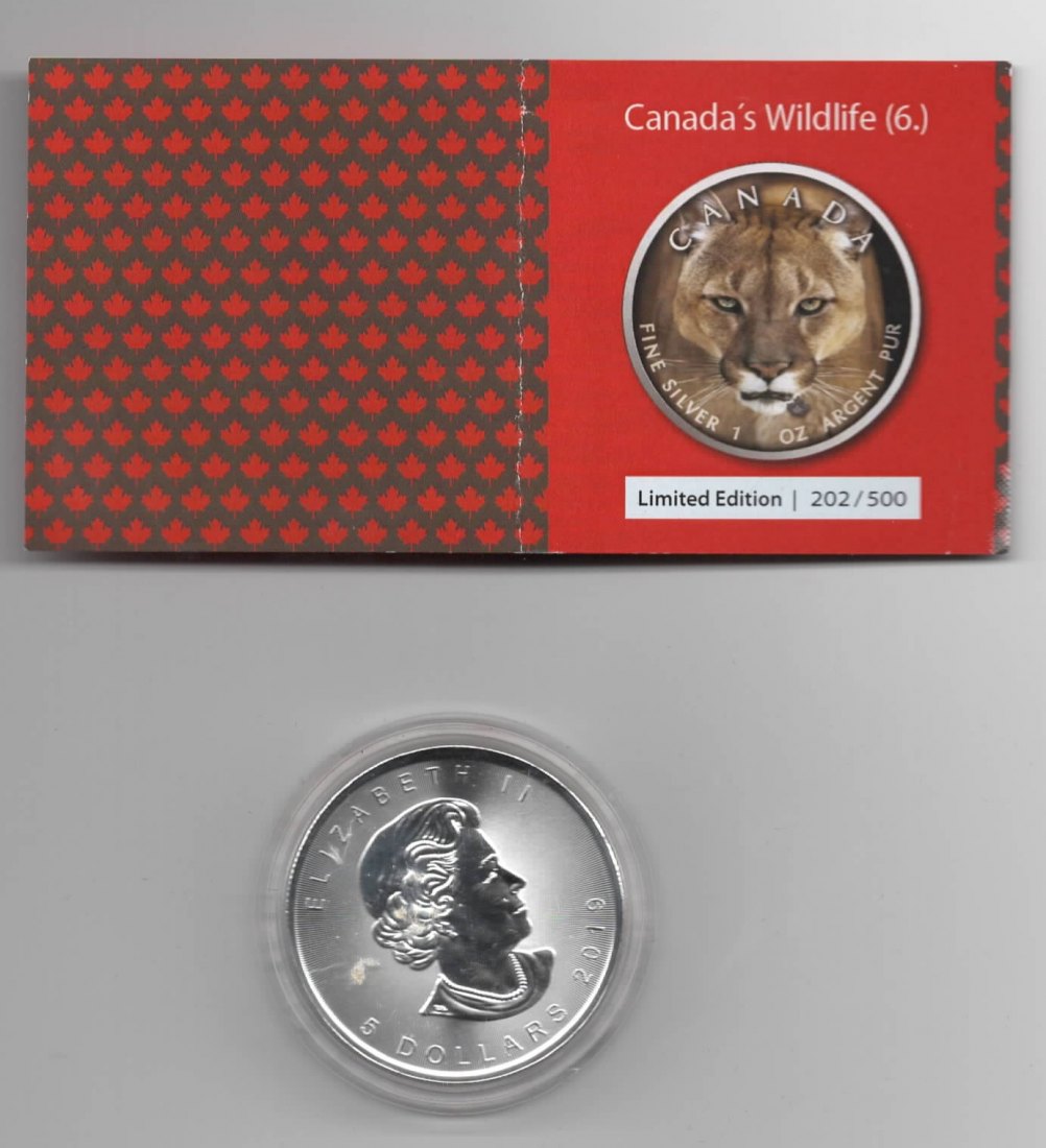  Maple Leaf, Canadas Wildlife, 2019, Cougar, Farbe, 500 Stück, Zertifikat, 1 unze oz Silber   