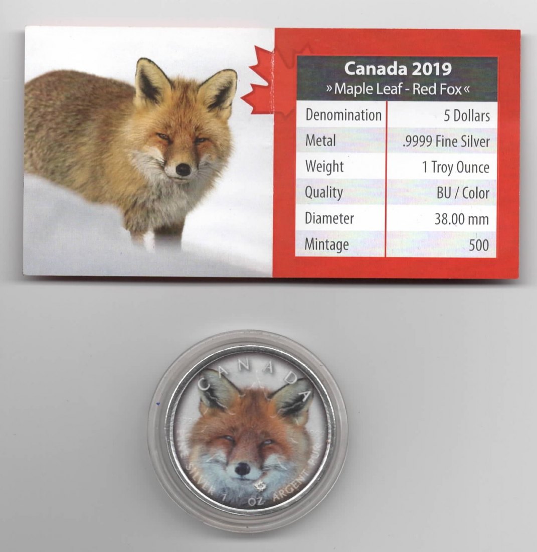  Maple Leaf, Canadas Wildlife, 2019, Red Fox, Farbe, 500 Stück, Zertifikat, 1 unze oz Silber   