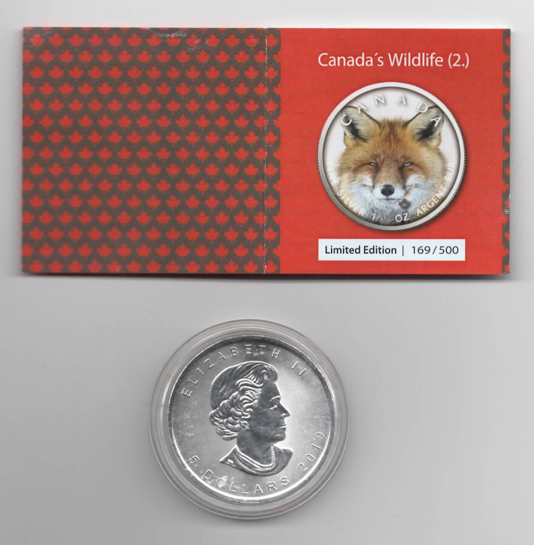  Maple Leaf, Canadas Wildlife, 2019, Red Fox, Farbe, 500 Stück, Zertifikat, 1 unze oz Silber   