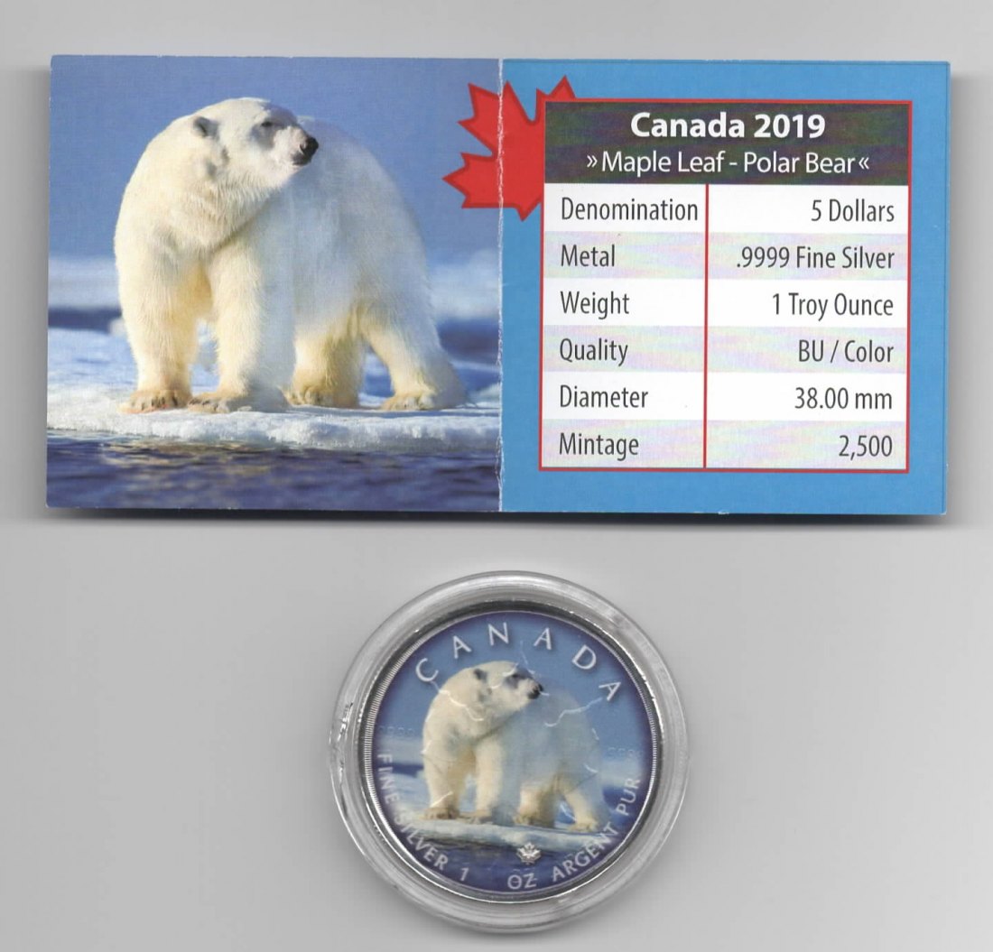  Maple Leaf, On the Trails of Wildlife, 2019, Polar Bear, Farbe, 2500, Zertifikat, 1 unze oz Silber   