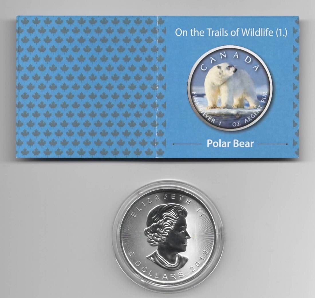  Maple Leaf, On the Trails of Wildlife, 2019, Polar Bear, Farbe, 2500, Zertifikat, 1 unze oz Silber   