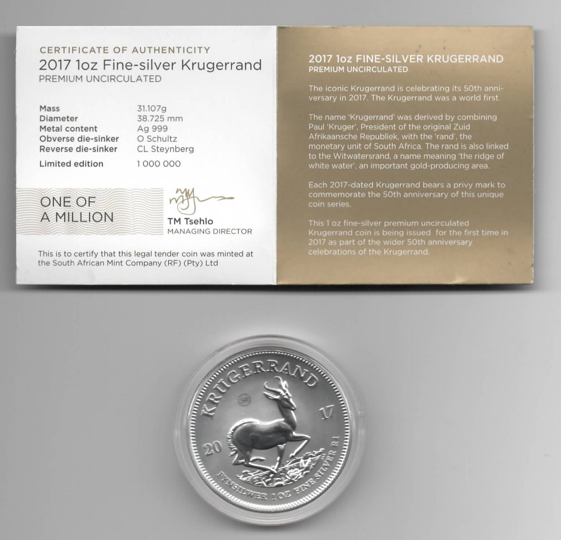  Südafrika, Krügerrand 2017, Erstausgabe, Premium Uncirculated, Zertifikat, 1 unze oz Silber   
