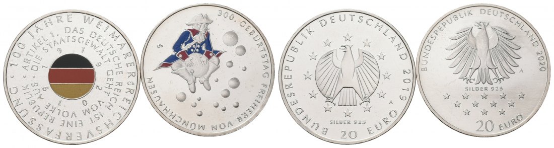 PEUS 7255 BRD Insg. 33,3 g Feinsilber. 100 Jahre Weimar, Münchhausen 20 Euro Lot Gedenkmünze (2 Stück) 2019 + 2020 Spiegelglanz