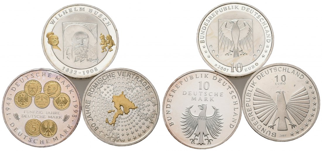 PEUS 7253 BRD Insg. 47,64 g Feinsilber. 50 Jahre DM, Röm. Verträge, Wilhelm Busch 10 Euro + 10 DM SILBER teilvergoldet (3 verschieden Uncirculated