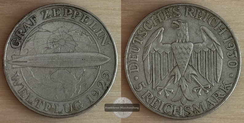  Deutsches Reich, Weimarer Republik  5 Reichsmark  1930 A Graf Zeppelin FM-Frankfurt Feinsilber:12,5g   