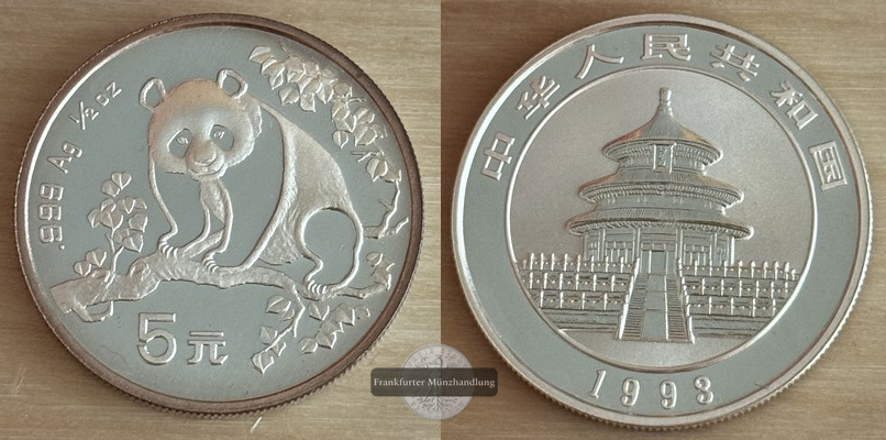  China  5 Yuan 1993 Panda  FM-Frankfurt Feinsilber: 15,4g   