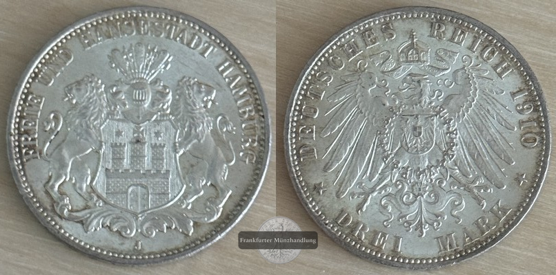  Deutsches Kaiserreich. Hamburg, freie Hansestadt.  3 Mark 1910 J     FM-Frankfurt    Feinsilber: 15g   