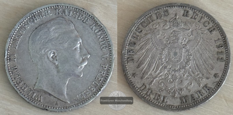  Deutsches Kaiserreich. Preussen, Wilhelm II. 3 Mark 1911 A  FM-Frankfurt Feinsilber: 15g   