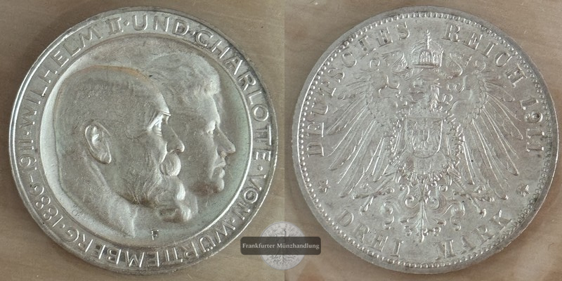  Dt. Kaiserreich. Württemberg, Wilhelm II. 3 Mark 1911 F Silb. Hochzeit FM-Frankfurt  Feinsilber: 15g   