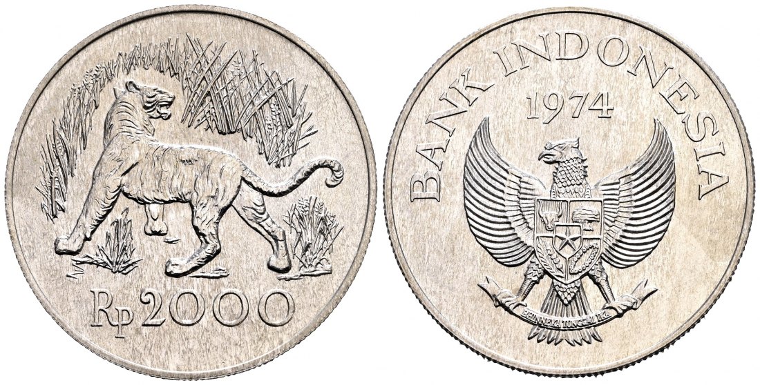 PEUS 2013 Indonesien 12,83 g Feinsilber. Java Tiger 2000 Rupiah 1974 Uncirculated (Kapsel)