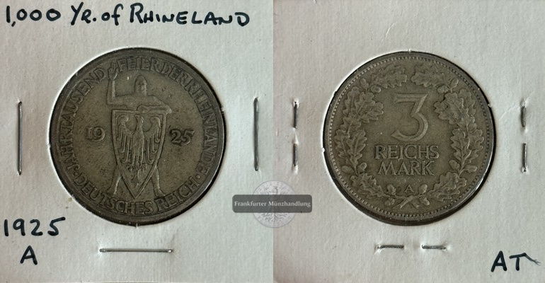  Deutschland, Weimarer Rep. 3 Reichsmark 1925 A  FM-Frankfurt  Feinsilber: 7,5g   