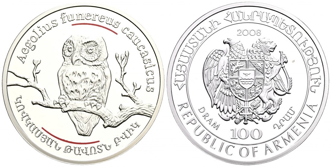 PEUS 2014 Armenien 26,16 Feinsilber. Kaukasischer Uhu 100 Dram SILBER 2008 Proof (Kapsel)