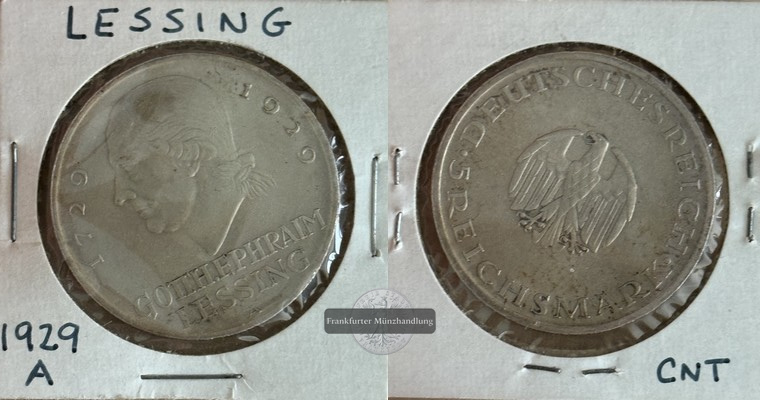  Deutsches Reich, Weimarer Republik. 5 Reichsmark 1929 A Lessing  FM-Frankfurt Feinsilber: 12,5g   