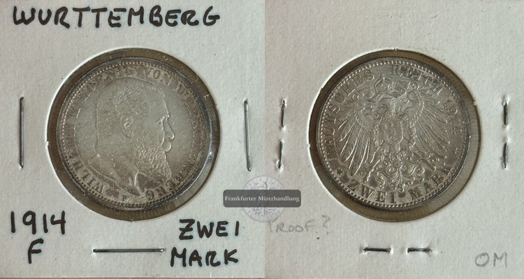  Deutsches Kaiserreich. Württemberg, Wilhelm II  2 Mark 1914  F  FM-Frankfurt Feinsilber: 10g   