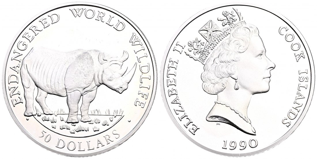 PEUS 2015 Cook Island 17,95 g Feinsilber. Bedrohte Tierwelt - Spitzmaulnashorn 50 Dollars SILBER 1990 Proof (Kapsel)