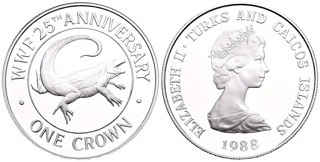 PEUS 2017 Turks- und Caicos Inseln 26,16 g Feinsilber. 25 Jahre WWF - Iguana / Grüner Leguan Crown SILBER 1988 Proof (Kapsel)