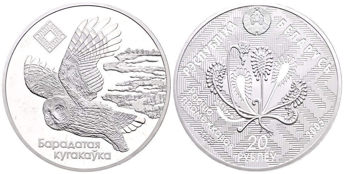 PEUS 2019 Weißrussland / Belarus 31,1 g Feinsilber. Waldkauz 5.000 Exemplare 20 Rubel SILBER 2005 Proof (Kapsel)