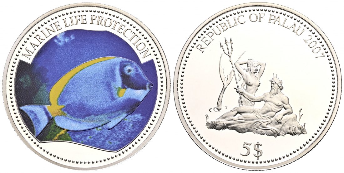 PEUS 2022 Palau 22,5 g Silber. Meeres Umweltschutz - Doktorfisch 1.500 Exemplare! 5 Dollar SILBER Multicolor 2007 Proof (Kapsel)