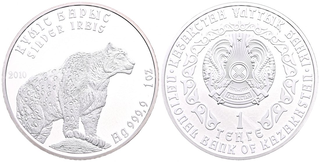 PEUS 2025 Kasachstan 31,1 g Feinsilber. Schneeleopard Tenge SILBER Unze 2010 Stempelglanz (Kapsel)