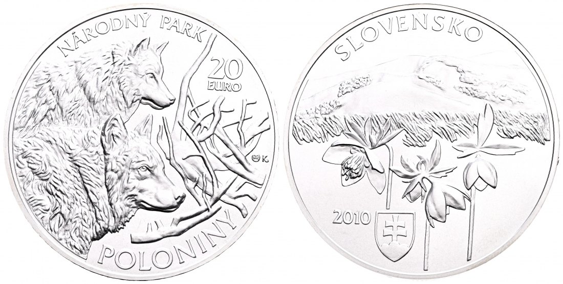 PEUS 2026 Slowakei 31,1 g Feinsilber. Poloniny-Nationalpark Hügel m. Blumen/ Zwei Wölfe 20 Euro SILBER Unze 2010 Stempelglanz (Kapsel)