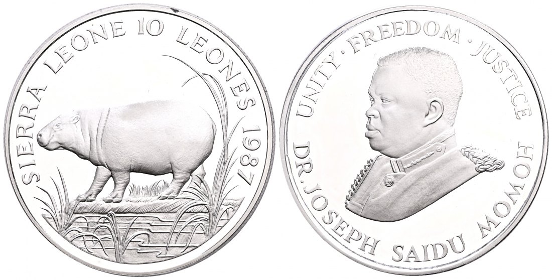 PEUS 2029 Sierra Leone 26,16 g Feinsilber. Zwergflusspferd 10 Leones SILBER 1987 Proof (Kapsel)