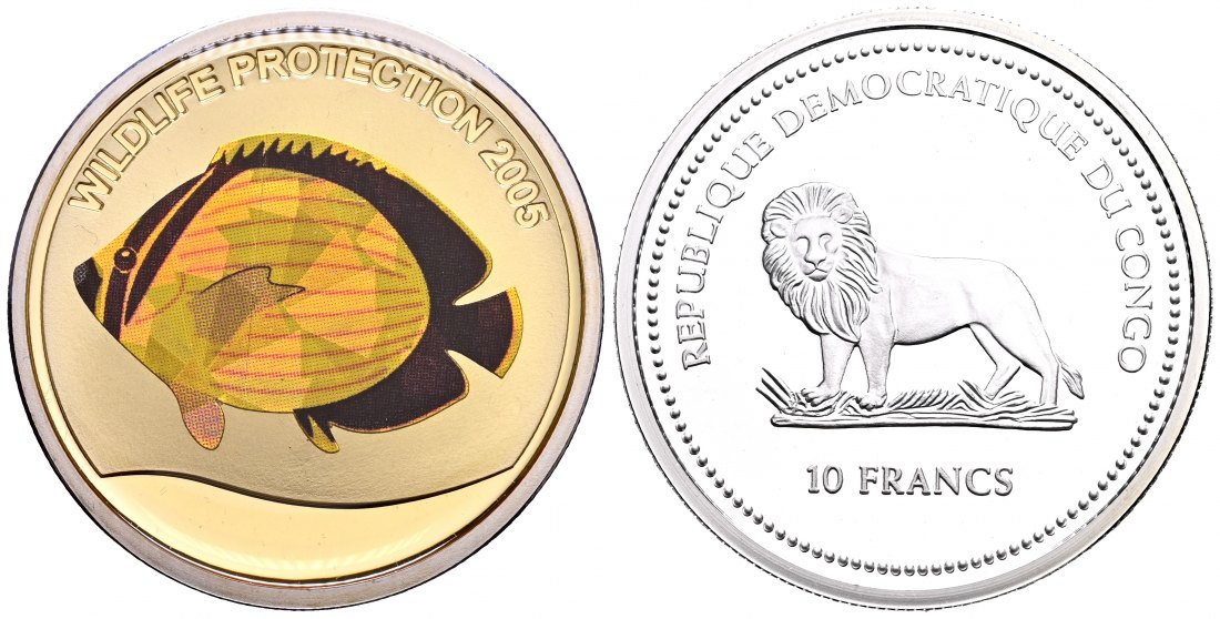 PEUS 2032 Demokratische Rep. Kongo Falterfisch / Butterfly fish 5 Francs Multicolor 2005 Proof (Kapsel)