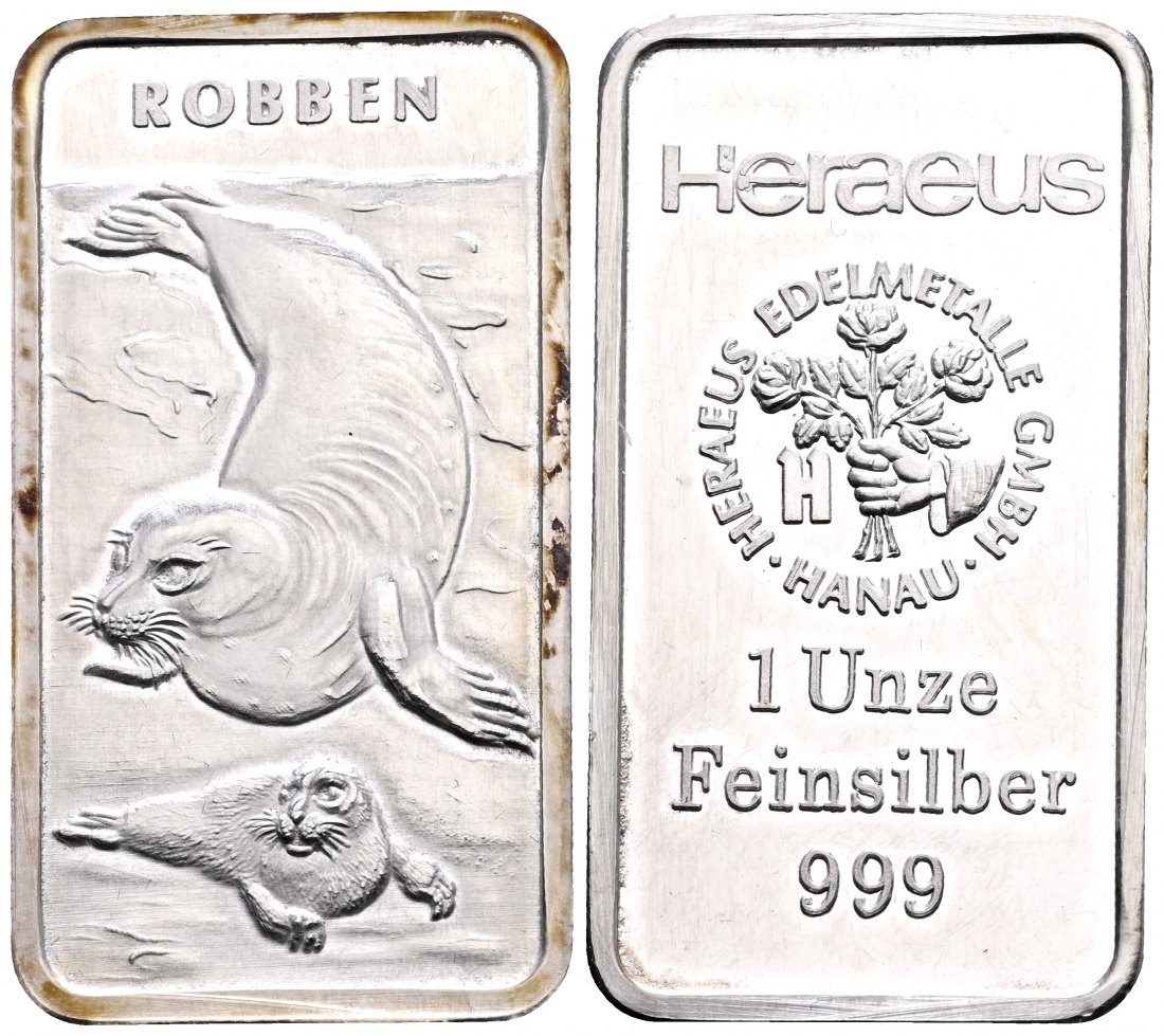 PEUS 2033 Deutschland 31,1 g Feinsilber HERAEUS Robben Barren SILBER Unze o.J. Uncirculated (Kapsel)