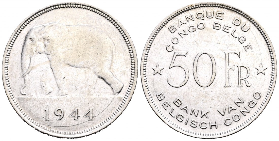 PEUS 2034 Belgisch-Kongo 8,75 g Feinsilber. Afrikanischer Elefant 50 Francs 1944 Fast Vorzüglich