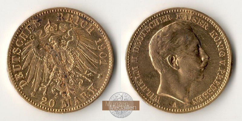 Preussen Kaiserreich  20 Mark MM-Frankfurt Feingold: 7,17g Wilhelm II. 1888-1918 1901 A 