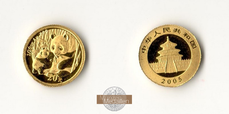 China, Volksrepublik. MM-Frankfurt Feingewicht 1,55g Gold 20 Yuan (Panda) 2005 