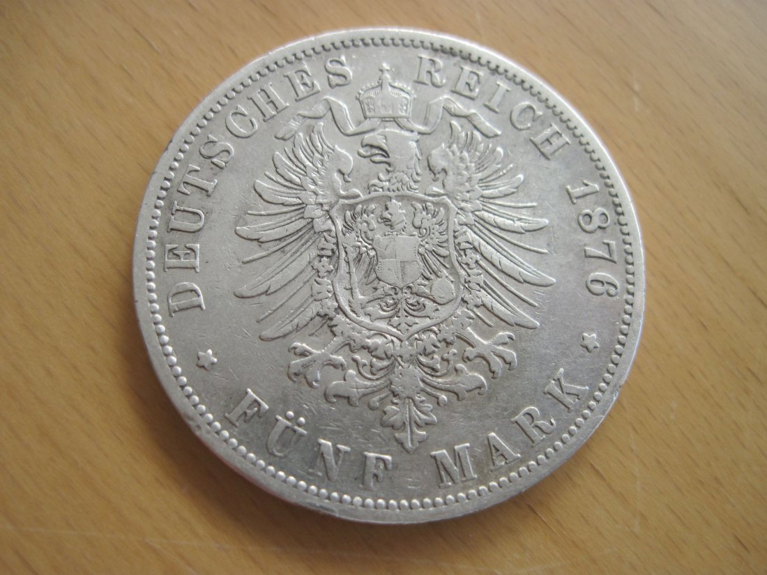  5 Mark 1876 B  Wilhelm König von Preussen, 900er Silber Hannover   