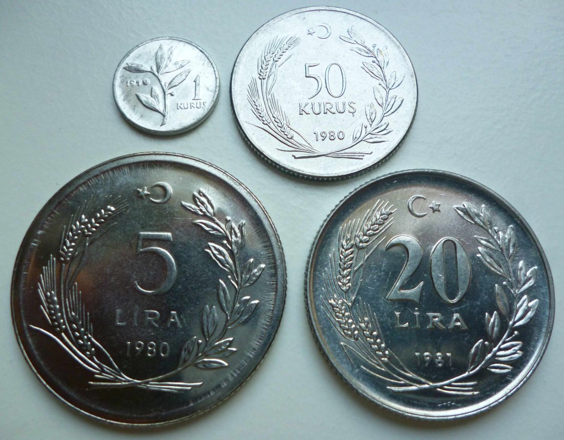  Türkei 4 Münzen 1 + 50 Kurus 1979/1980 und 5 + 20 Lira 1980/1981 FAO   