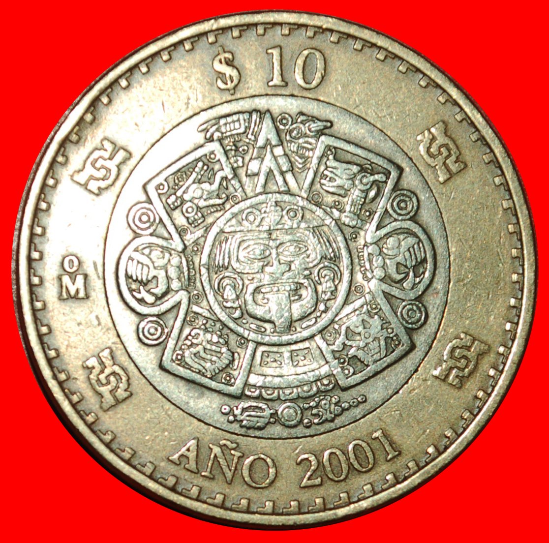  Ⰶ SUN STONE (2000-2001): MEXICO★10 PESOS 2001 FIRE MASK! MILLENNIUM UNCOMMON★LOW START ★ NO RESERVE!   