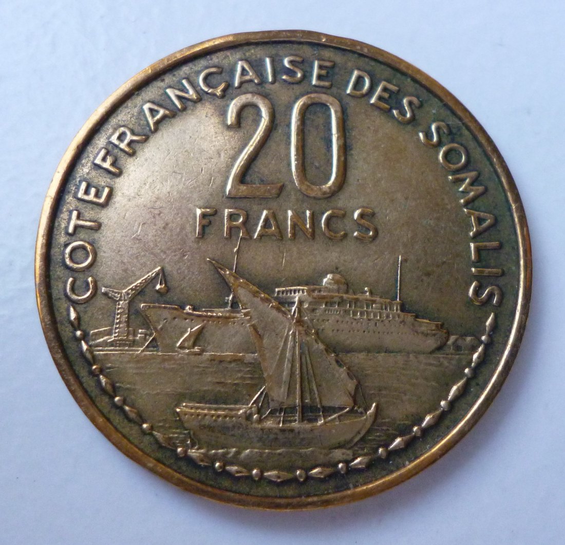  Dschibuti / French Somaliland 20 Francs 1952 arabische Dhau vor Passagierschiff Type Bazor   