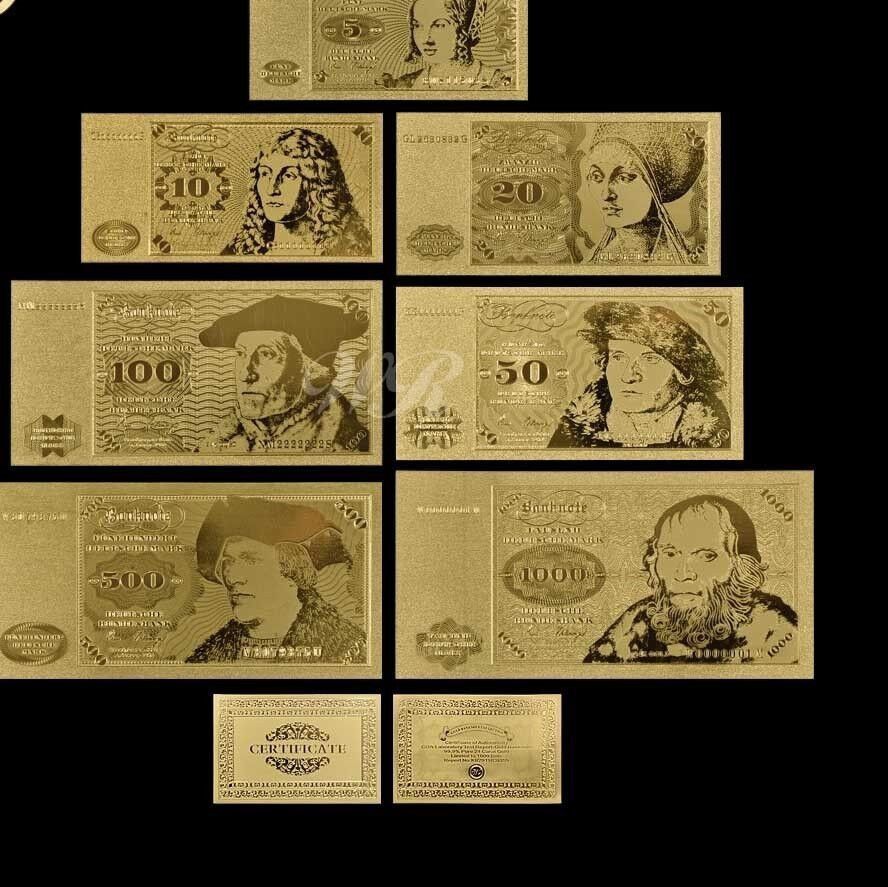  5-1000 Deutsche Mark Banknoten-Satz mit 7 Scheinen +Zerti auf Goldfolie für Sammler   