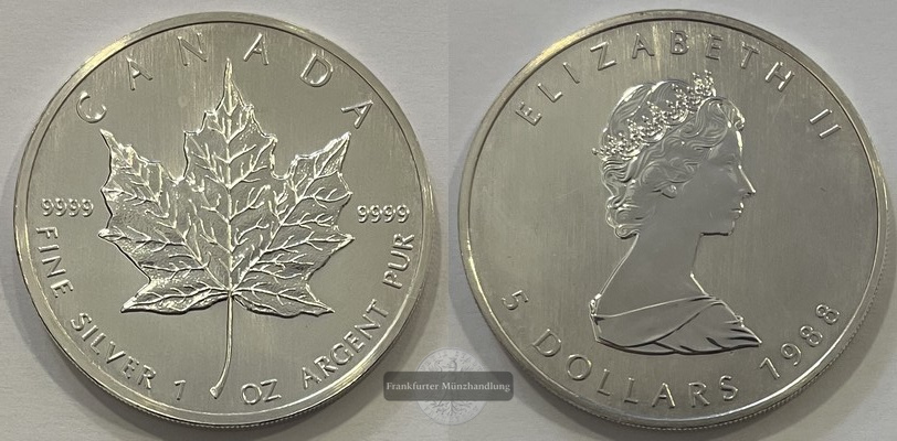  Kanada.  5 Dollar 1988 Maple Leaf   FM-Frankfurt    Feinsilber: 31,1g   