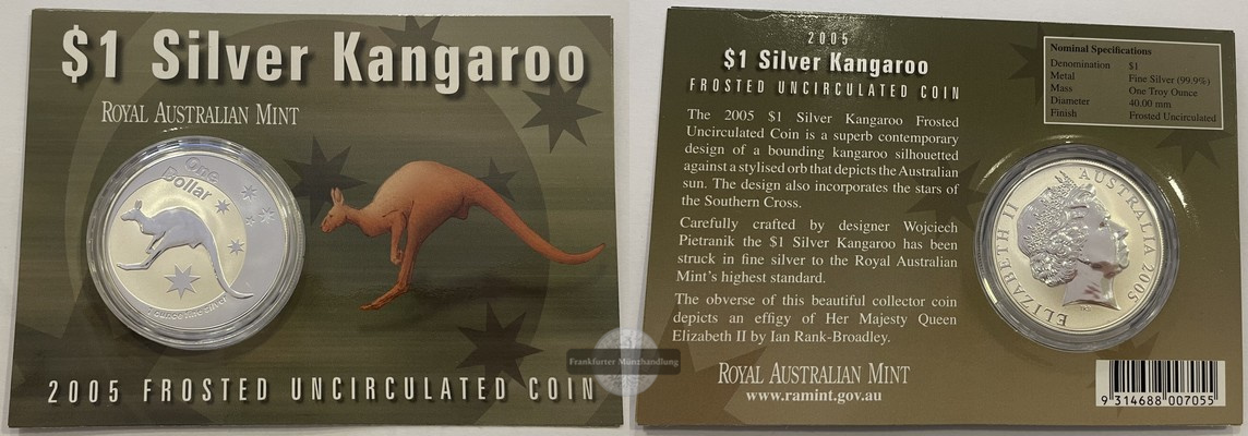  Australien  1 Dollar Australisches Kangaroo 2005  FM-Frankfurt  Feingewicht: 31,1g   