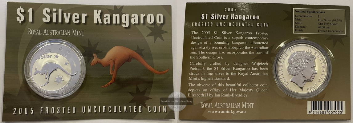  Australien  1 Dollar Australisches Kangaroo 2005  FM-Frankfurt  Feingewicht: 31,1g   