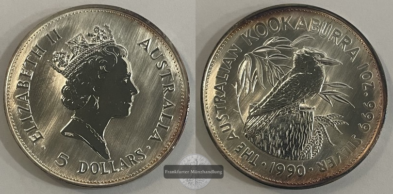  Australien,  5 Dollar 1990  Kookaburra  FM-Frankfurt  Feinsilber: 31,1g   