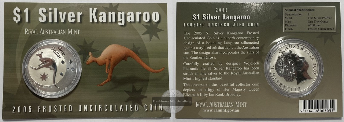  Australien  1 Dollar Australisches Kangaroo 2005  FM-Frankfurt  Feingewicht: 31,1g   