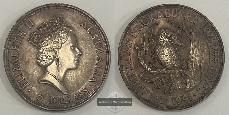  Australien,  5 Dollar 1991  Kookaburra  FM-Frankfurt  Feinsilber: 31,1g   