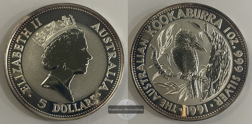  Australien,  5 Dollar 1991  Kookaburra  FM-Frankfurt  Feinsilber: 31,1g   