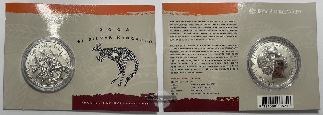  Australien  1 Dollar Australisches Kangaroo 2003  FM-Frankfurt  Feingewicht: 31,1g   